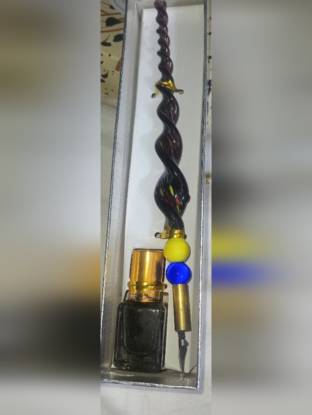 Glass Dip Pen Set with Blue and Yellow Accents